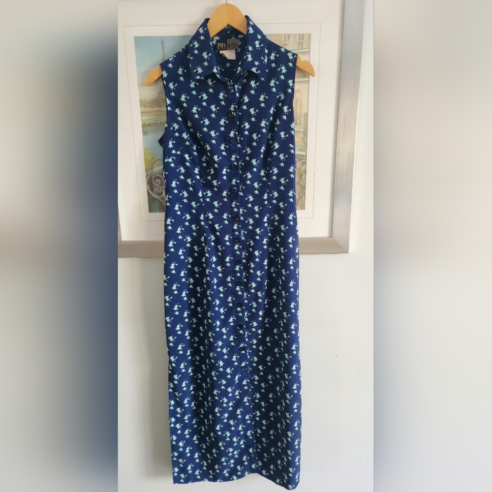 Vintage Blue Floral Sleeveless Maxi Dress
